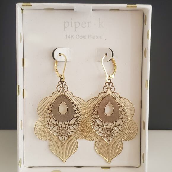 Piper K Long Filigree Earrings Gold Plated Boho New in Box Dressy Casual - Picture 1 of 6